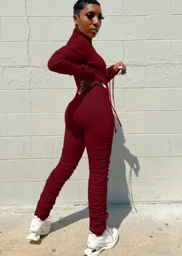 Red Zipped Up Long Sleeve High Neck Stack Slinky Jumpsuit