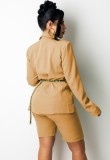 Khaki Long Sleeve Turndown Collar Blazer and Shorts Two Piece Set
