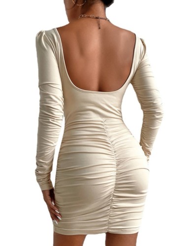 Apricot Scrunch Square Neck Long Sleeve Fitted Dress