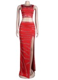 Red Rhinestone Vest Crop Top and Split Long Skirt Two Piece Set