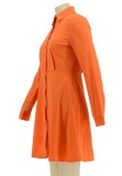 Orange Ruffles Botton Open Long Sleeve Turndown Collar Midi Blouse Dress