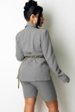 Grey Long Sleeve Turndown Collar Blazer and Shorts Two Piece Set