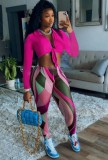 Rose Knotted Long Sleeve Turndown Collar Crop Top and Print Legging Two Piece Set