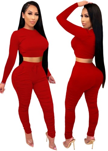 Red Long Sleeves Round Neck Crop Top and Pants Two Piece Set