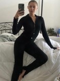 Black Ribbed Button Up Long Sleeve Tight Jumpsuit with Thumb Hole