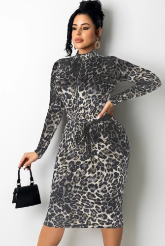 Black Leopard Knotted Zipped Up Long Sleeve Midi Dress