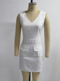White Knotted Puff Sleeve Blouse and V-Neck Tank Dress Two Piece Set