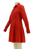 Red Ruffles Botton Open Long Sleeve Turndown Collar Midi Blouse Dress