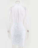 White Sequins Turtleneck Mesh Long Sleeve Midi Dress