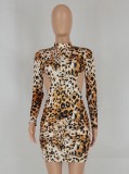 Leopard Print Long Sleeve Backless Mini Dress