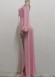 Pink Off Shoulder Keyhole High Slit Maxi Dress