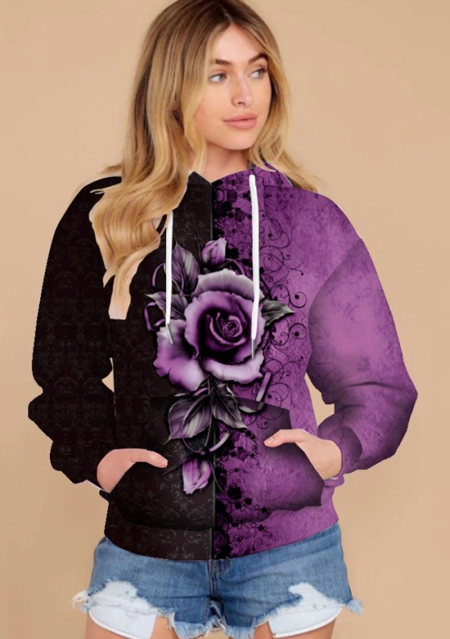 Plus Size Rose Purple Long Sleeves Drawstring Hoody Top