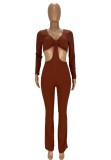 Brown Cut Out Long Sleeves V-Neck Sheath Jumpsuit