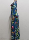 Print Floral Blue Wrap Long Maxi Dress with Belt