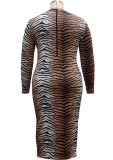 Plus Size Tiger Stripe Print Zipped Up Long Sleeve Fitted Long Dress
