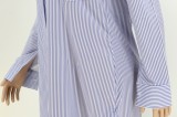 Blue Pinstripe TurnDown Collar Button Open Long Blouse Dress
