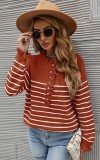 Orange Stripe Ruffled Collar Button Long Sleeve Sweater Top