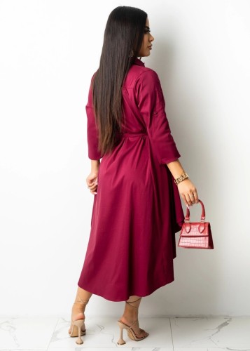 Burgunry High Low Button Open Blouse Dress with Belt
