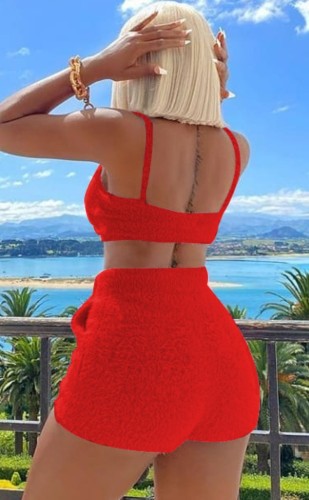 Red Fluffy Velvet Cami Crop Top and High Waist Drawstring Shorts Two Piece Set
