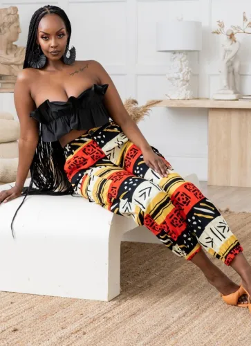 Retro Print Ankle Banded High Waist Pant