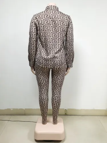 Plus Size Print Button Up Long Sleeves Blouse and Matching Pants Two Piece Set