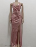 Pink Shiny Ruched V-Neck Sleeveless Slit Long Evening Dress
