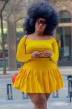 Plus Size Yellow Long Sleeve Crop Top and Pleated Skirt Two Piece Set