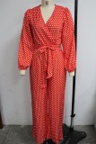 Red Polka Dot Wrap V-Neck Puff Long Sleeve Loose Jumpsuit