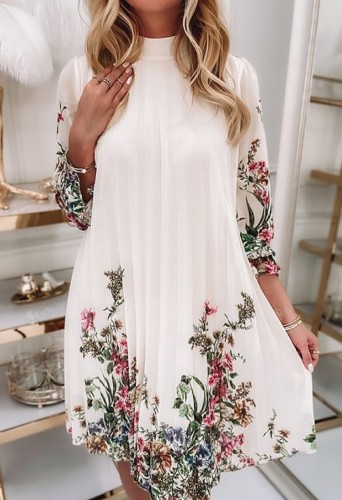 Floral White Long Sleeves Pleated Dress