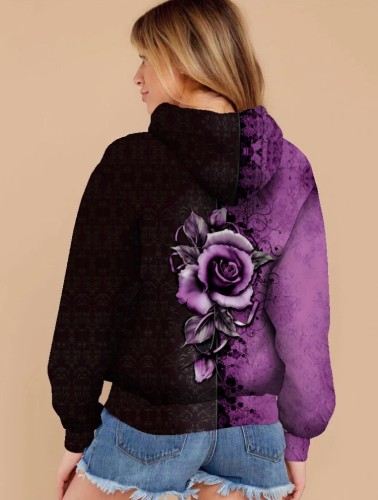 Plus Size Rose Purple Long Sleeves Drawstring Hoody Top