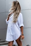 White High Low Button Up Long Sleeves Blouse Dress