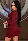 Burgundy U-Neck Scrunch Long Sleeve Slim Fit Dress