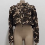 Camou Zipper Long Sleeve Turndown Collar Jacket