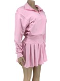 Pink Zipper Turndown Collar Long Sleeve Top and Mini Pleated Skirt Two Piece Set