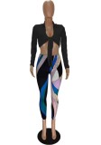 Black Knotted Long Sleeve Turndown Collar Crop Top and Print Legging Two Piece Set