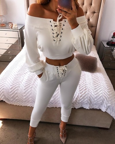 White Lace-Up Off Shoulder Long Sleeves Crop Top and Tight Pants Two Piece Set