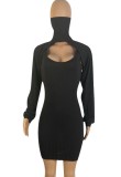 Black High Neck Puff Sleeve Ribbed Cape and Tank Dress Two Piece Set