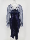 Blue Sequins Mesh V-Neck Split Long Sleeve Tight Dress