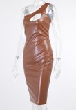 Brown Leather One Shoulder Sleeveless Slit Bodycon Dress
