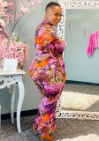 Plus Size Colorful Floral Print Round Neck Fitted Long Dress