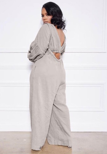 Grey Long Sleeves O-Neck Crop Top and Suspender Wide Pants Two Piece Set