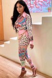 Retro Print Pink Button Up Long Sleeves Blouse and Pants Two Piece Set