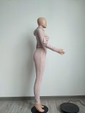 Pink Long Sleeve Drawstring Hoody Crop Top and Pants Two Piece Set
