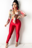 Floral Knotted Long Sleeve Crop Top and Red Pant Two Piece Set