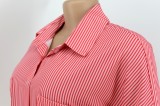 Red Pinstripe TurnDown Collar Button Open Long Blouse Dress