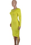Yellow Long Sleeves O-Neck Drawstring Midi Dress