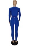 Blue Lace Up Long Sleeves O-Neck Crop Top and Pants Two Piece Set