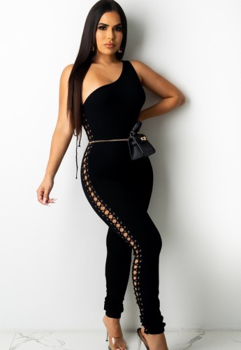 Black One Shoulder Sleeveless Lace Up Fitted Jumpsuit