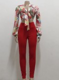 Floral Knotted Long Sleeve Crop Top and Red Pant Two Piece Set