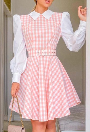 White and Pink Plaid Puff Sleeve Sundress with Belt